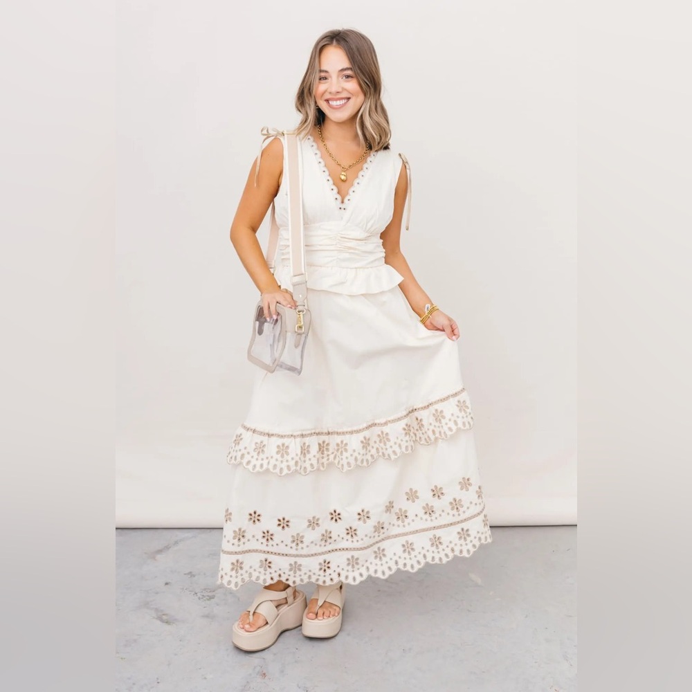 Moon River Cream and Brown Scalloped Dress